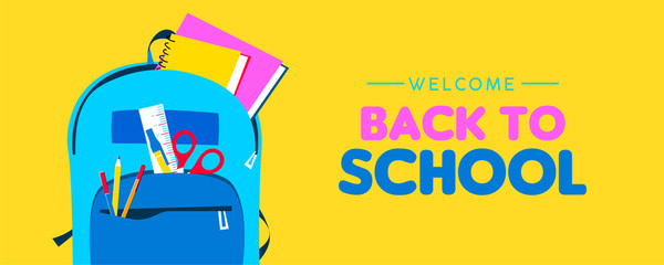 Welcome back to school web banner of kid backpack