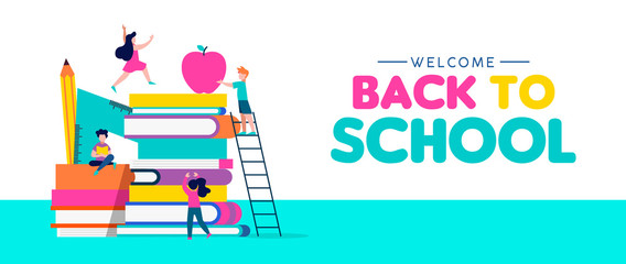 Back to school web banner of children and books