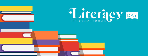 Literacy Day web banner of children school books - obrazy, fototapety, plakaty
