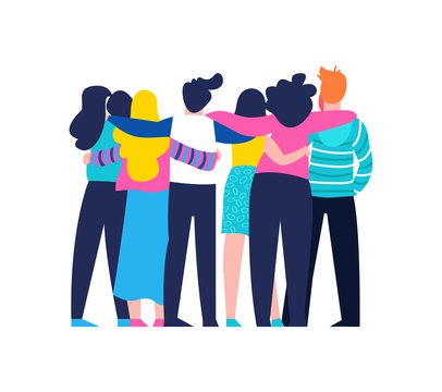Friend group hug of diverse people isolated