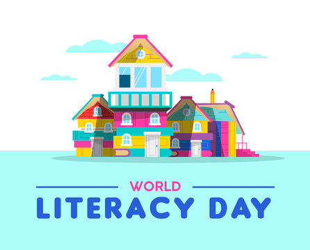 Happy Literacy Day book house card concept