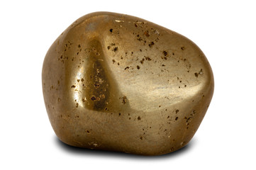 Golden color shiny pyrite stone isolated on white background 