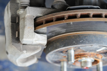 Brake disc and used brake pads of wheel.