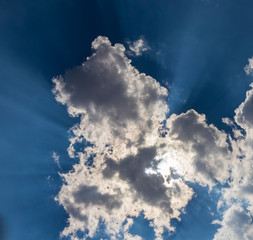 Fototapeta premium background. rays of the sun making their way through white clouds against the blue sky