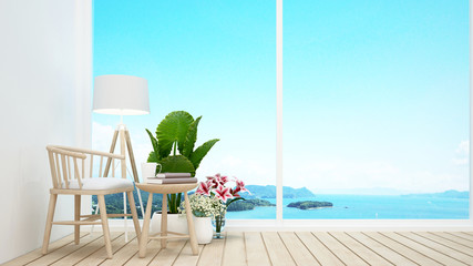 Fototapeta na wymiar Living room with sea view and bright sky in hotel or resort - Simple design artwork for summer time - 3D Rendering