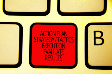 Text sign showing Action Plan Strategy Tactics Execution Evaluate Results. Conceptual photo...