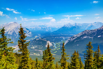 Mountain range from Sulphur Mountain in Banff, Alberta, Canada, showing Bow Valley and Banff...