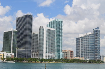 Fototapeta na wymiar Condos,Hotels, and Rental buildings soon the western shores of the Florida Intra-Coastal Waterway in Miami,Florida