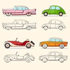 Fototapete Cartoon-Autos Collection with retro car in cartoon style. Color and black outline retro auto. Classic car drawn set.