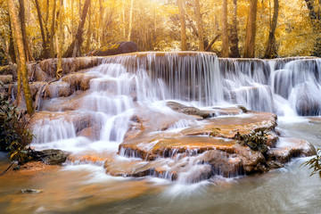 Autumn season of Waterfall in deep forest  Huai  Mae Khamin Waterfall  , Kanchanaburi  Thailand is popular with waterfall tourists . 