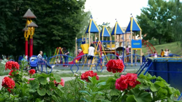 Modern playground for children in the park with flowers