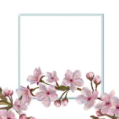 Square Frame with Pink Flower Wreath Isolated on White. Square Template Framed and Decorated with Pink Spring Flower Wreath. Watercolor Botanical Frame for Card, Invitation, Announcement,  etc.