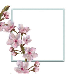 Pink Flower Wreath Decorated Corner Square Frame Isolated on White. Square Template Framed and Decorated with Pink Spring Flowers.
