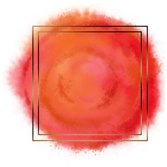 Abstract Watercolor Surface in Vibrant Red and Orange Colors, with Square Golden Double Frame for Text Copy Space.