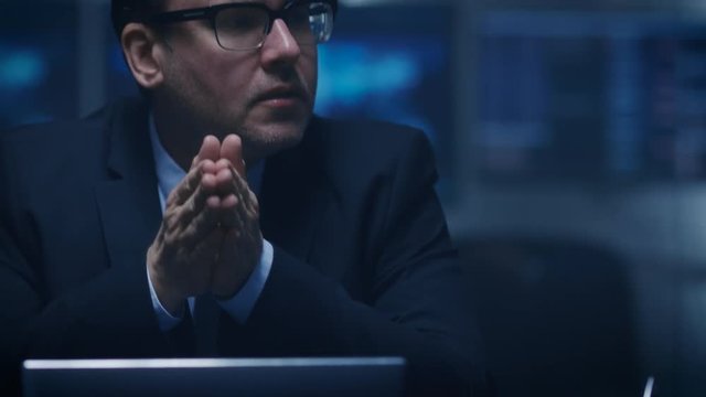 Chairman of the Board of Directors Gives Orders to His Subordinates on a Weekly Meeting. Politician Talks with His Advisors in the Situation Room.