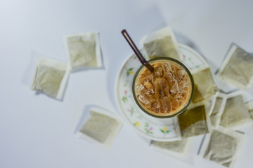 ice Coffee in the glass on white background.topview