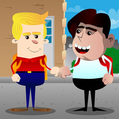 Schoolboys giving a fist bump. Vector cartoon character illustration.