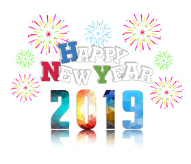 2019 Happy New Year greeting card with colorful fireworks. Vector design template.