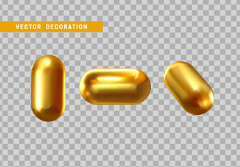 Set 3d shape isolated golden capsule on transparent background.