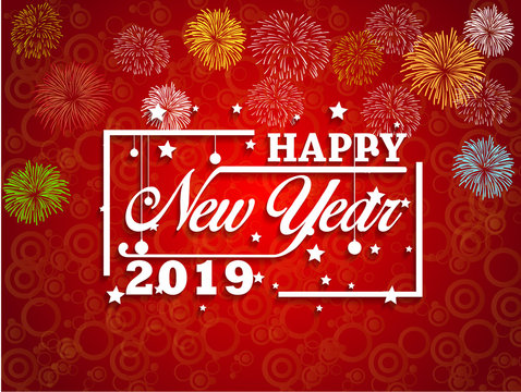 2019 Happy New Year greeting card with colorful fireworks. Vector design template.