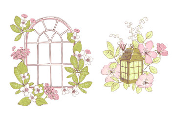 Beautiful vector compositions, wild flowers, window, lamp, old g