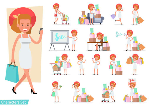 Set of shopping women characters vector design.