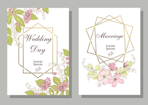 Set of card with wiid rose, may-lily, leaves and geometrical fra