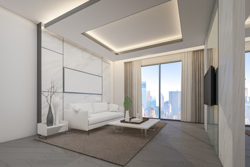 Fototapeta na wymiar 3d Rendering of luxury living interior with furniture design and city view