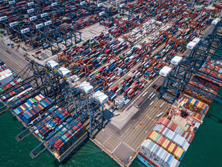 Drone fly over container terminal port in Hong Kong