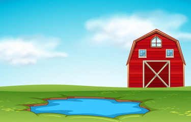 Red barn and pond farm scene
