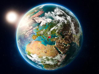 Bulgaria with sunset from space