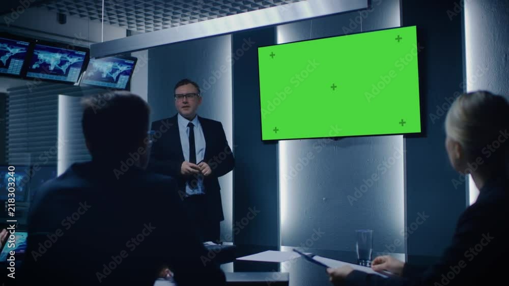 Poster chief strategy officer showing report to a board of directors and business partners, using green moc