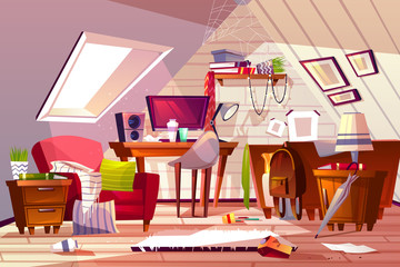 Messy room interior vector illustration. Cartoon garret or attic flat in clutter. Girl bedroom or living room thins in chaos, dust on furniture and scattered clothes on chair and bed or web in corner