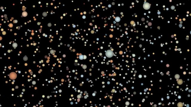 animated random colorful balls moving around on black background.