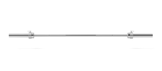 3d rendering of a single metal barbell without any weights hanging horizontally on a white background. - obrazy, fototapety, plakaty