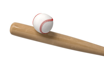 3d rendering of a white baseball with red stitching balancing on a wooden bat in close view.