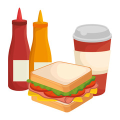 delicious sandwish with soda and sauces