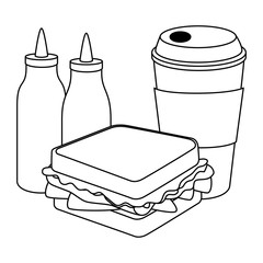 delicious sandwish with soda and sauces