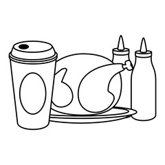 delicious chicken meat with sauces and soda