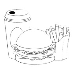 delicious burger with soda and french fries