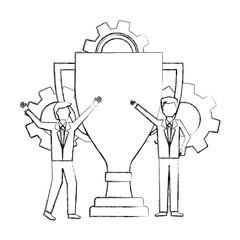 businessman with trophy gears team work