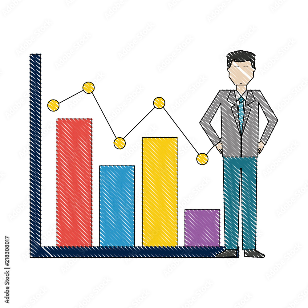 Poster businessman with statistics bar chart pointed line