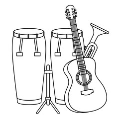 bongo drums with guitar and trumpet instruments
