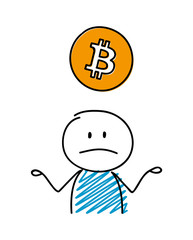 Sad cartoon charcater holding bitcoin icon. Vector.