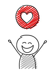 Stickman with happy facial expression holiding heart (social media) icon. Vector.