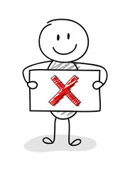 Funny stickman with x-mark (checkmark) icon. Vector.