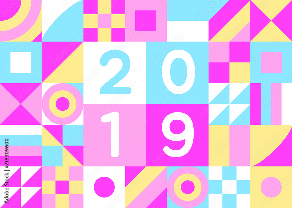 Poster 2019 happy new year of pig greeting postcard flat style design vector illustration with geometric co