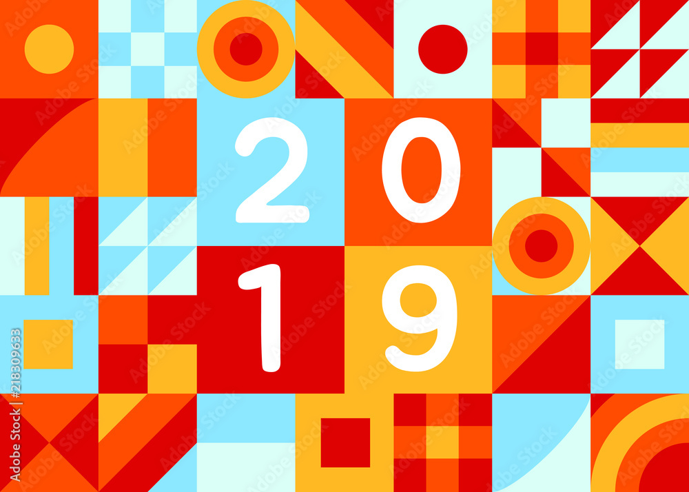 Poster 2019 happy new year of pig greeting postcard flat style design vector illustration with geometric co