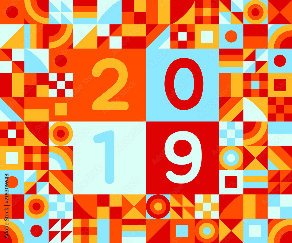 Poster 2019 happy new year of pig greeting postcard flat style design vector illustration with geometric co