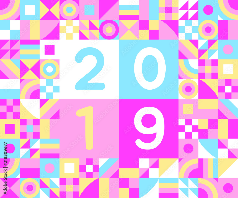 Aufkleber 2019 happy new year of pig greeting postcard flat style design vector illustration with geometric co